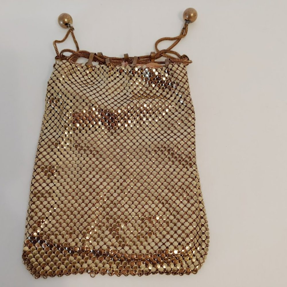 Vintage Whiting & Davis Gold Mesh Draw String Evening Coin Change Bag 5"x4". Pre